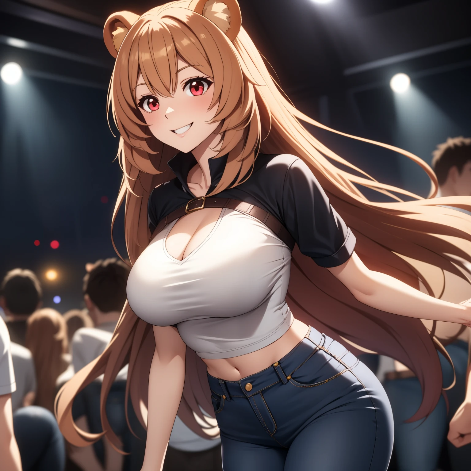 Raphtalia woman 35 years old straight floating golden blonde hair , rounded bear ears, red eyes like ruby, big breasts, light and pale skin, low-cut clothing, low cut black top, Tight jeans, fondo una nightclub. nightclub, smile.