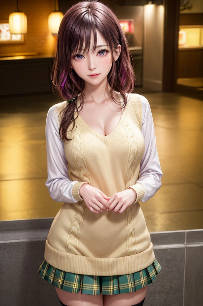 ph momo, momohd, phmomo, solo, 1girl, pink hair, purple eyes, short hair, hair flower, sweater vest, ,(yellow sweater:1.2), big eyes, plaid skirt, black thighhighs, (masterpiece:1.6, best quality), (finely detailed beautiful eyes: 1.2), ultra-detailed, illustration,beautiful detailed eyes, (yandere:1.4), (empty eyes), backlighting, looking at viewer, blush, smile, (masterpiece, finely detailed beautiful eyes: 1.2), detailed eyes, hyper detailed,light smile, highly detailed, beautiful, small details, ultra detailed, best quality, intricate, hyperrealism, sharp, digital illustration, detailed, realism, intricate, 4k, 8k, trending on artstation, good anatomy, beautiful lighting, award-winning, photorealistic, realistic shadows, realistic lighting, beautiful lighting, raytracing, intricate details, moody, rule of thirds, masterpiece, (illustration:1.1), highres, (extremely detailed CG, unity, 8k wallpaper:1.1), beautiful face, highly detailed face, ultra realistic, masterpiece, bokeh, extremely detailed, intricate, zoomout, colorful, vibrant colors, red nail polish, side view,standing,whole body,green skirt, plaid, plaid skirt, sainan high , , skirt, sweater vest,