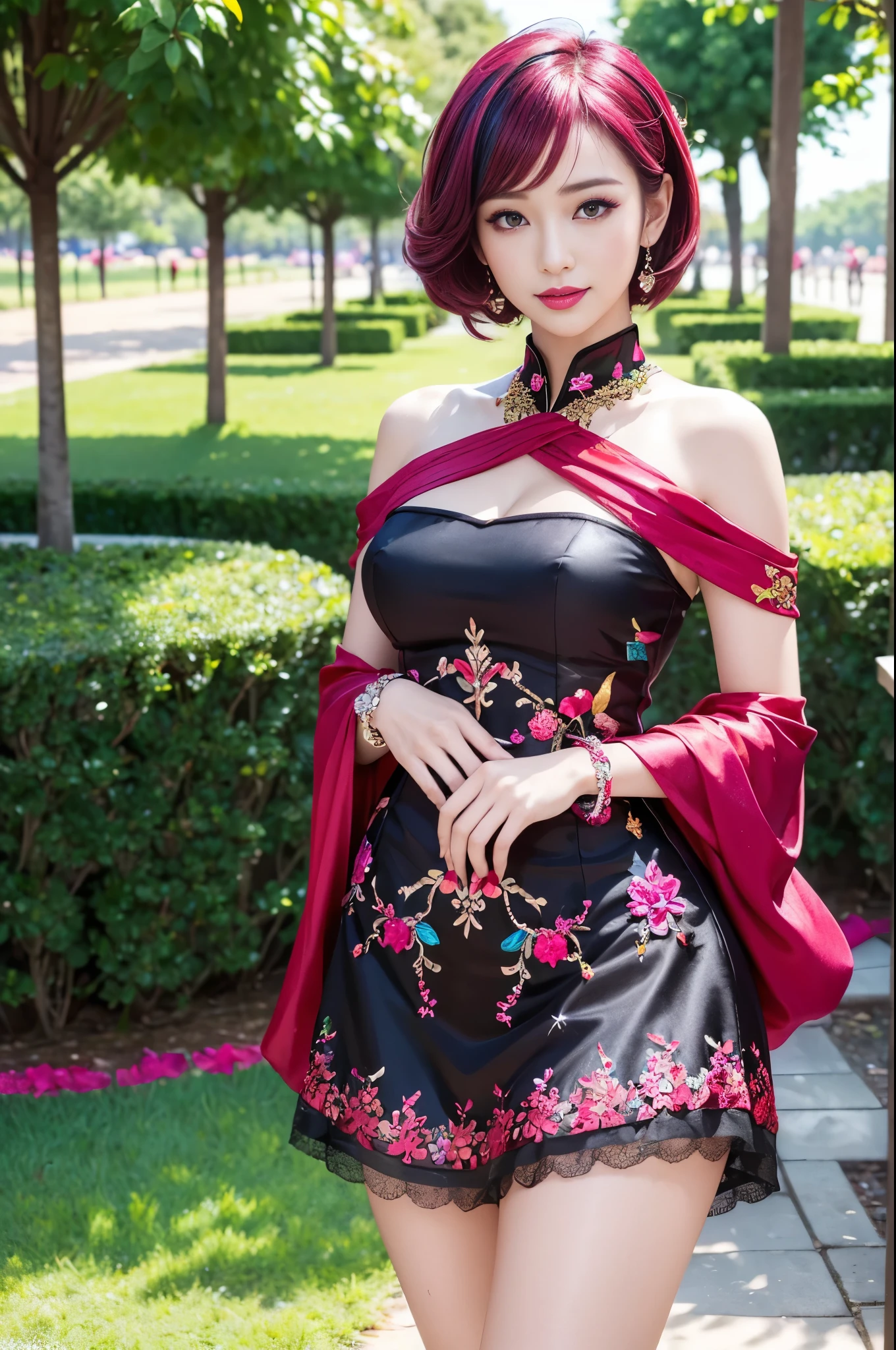 (masterpiece:1.4), (best quality:1.4), ultra high res, ultra high resolution, ((detailed facial features)), HDR, (realistic, photorealistic, photo-realistic:1.37), full body Esbian, sexy Vietnamese model, (-anime), vivid colors, ((vivid colors multicolor (red, fuchsia) very short hair)), (happy smile), lip-gloss, long lashes, ultra detailed metallic makeup, defined eyebrows, wearing large sparkling colorful jewelery, wearing a red silk Paradise Kiss cosplay dress with black floral embroidery, ((vivid colors outfit)), vivid colors, look at the camera, cinematic light, large park background with trees, sweet and sexy pose