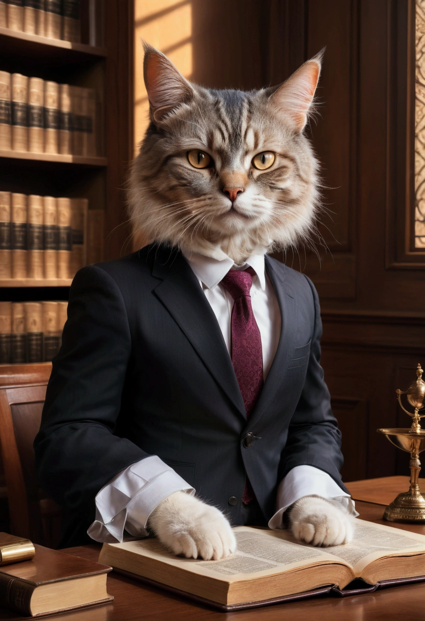 1cat, Lawyer, a lawyer cat in court, highly detailed, studio lighting, ultra-detailed, extremely intricate, cinematic light, dramatic lighting, elegant, sophisticated, expressive eyes, exquisite facial features, tailored suit, courtroom background, wooden desk, books, documents, professional, award-winning art, masterpiece, best quality, very aesthetic, absurdres