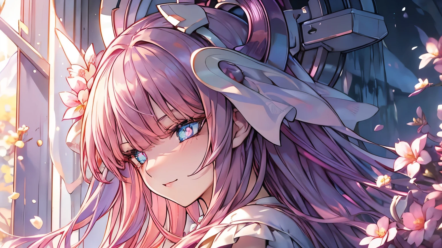 (overhead view), beautiful anime woman illustration, 1girl, (masterpiece, best quality, ultra-detailed), sharp focus, detailed face, extremely detailed eyes, face focus, long hair, criss-crossed bangs, hair over shoulder, purple hair, (teal streaked hair:1.3), pink gradient eyes, (magatama shaped pupils:1.5), long eyelashes, small smile, medium breasts, peach blossom hairpin, ((colors of clothing: white, red, gold, with purple accents)), ((looking back over shoulder, hands clasped behind back, mountain waterfall background, breeze, peace blossoms)), cinematic lighting, rim lightning, ray tracing, shadowing, dynamic angle