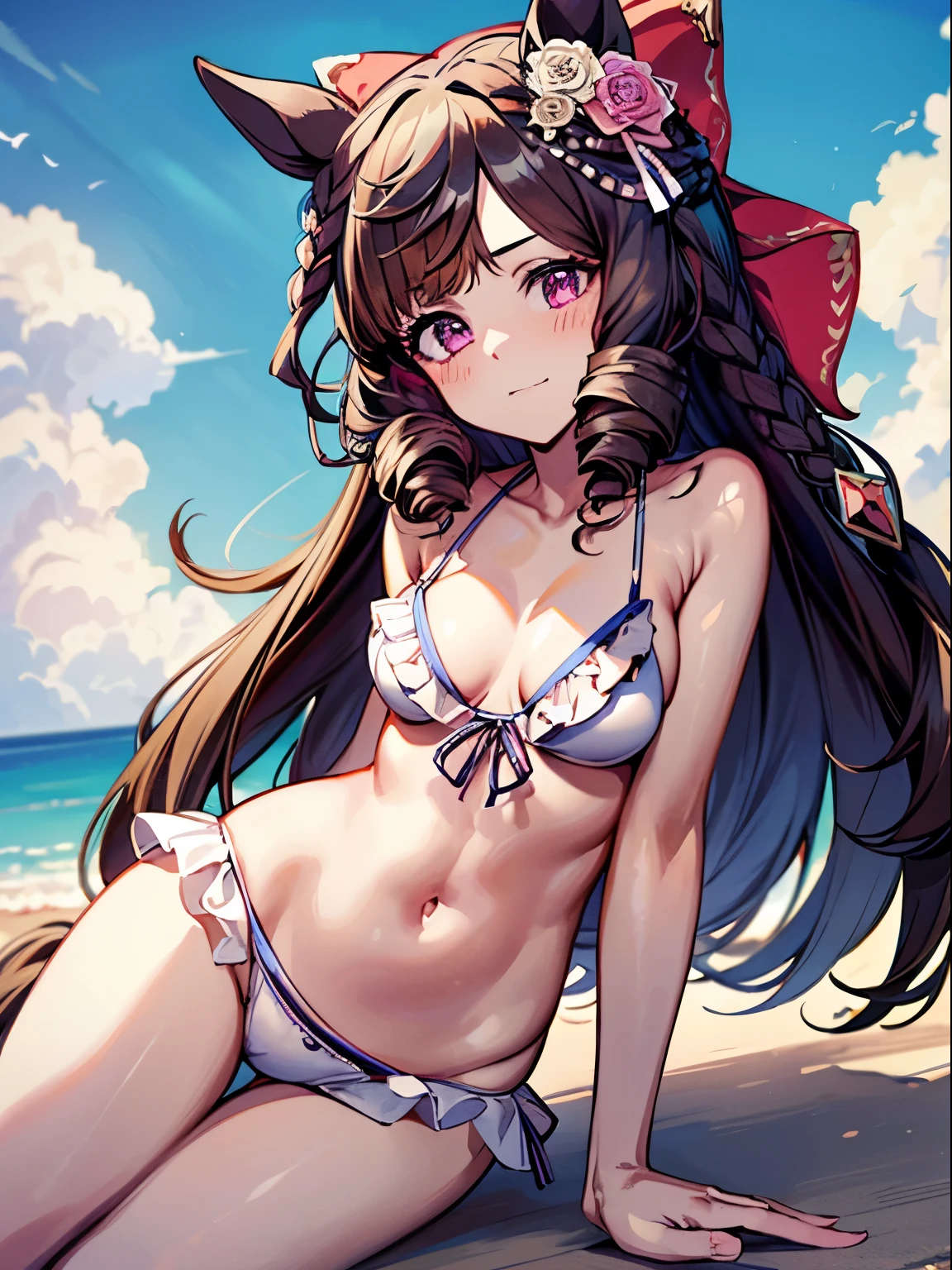 1 girl, Solo, Cute Girl,Best Quality, Ultra-detailed, 8K, High resolution, detailed face, madeon, horse ears, (((white bikini))), frilled bikini, lying on back,