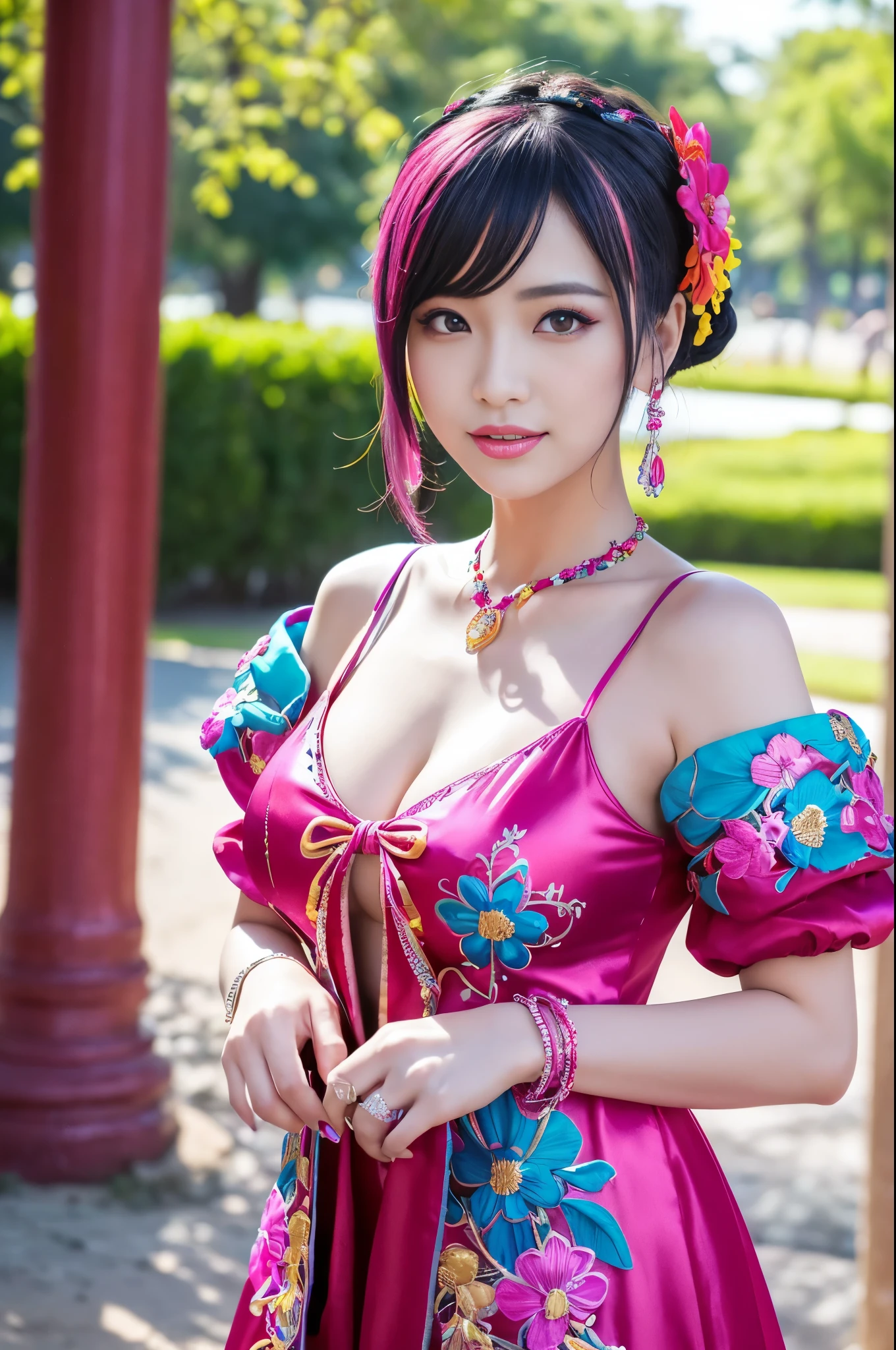 (masterpiece:1.4), (best quality:1.4), ultra high res, ultra high resolution, ((ultra detailed facial features)), HDR, (realistic, photorealistic, photo-realistic:1.37), full body Esbian, y Thai model, (-anime), vivid colors, ((vivid colors multicolor (fuchsia, pink, light blue, purple) very short hair)), (seductive smile), ultra detailed metallic makeup, lip-gloss, long lashes, defined eyebrows, wearing large sparkling colorful jewelery, wearing a red silk Paradise Kiss cosplay dress with black floral embroidery, ((vivid colors outfit)), vivid colors, look at the camera, cinematic light, large park background with trees, sweet and sexose