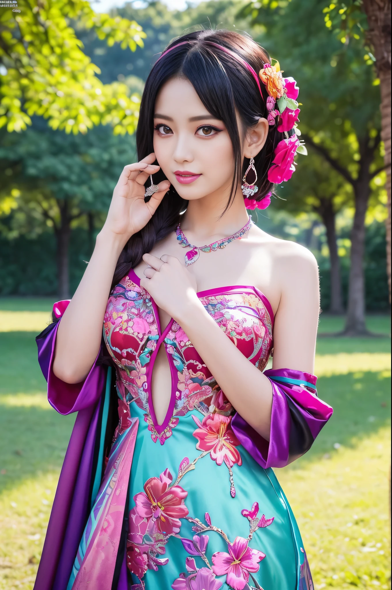 (masterpiece:1.4), (best quality:1.4), ultra high res, ultra high resolution, ((ultra detailed facial features)), HDR, (realistic, photorealistic, photo-realistic:1.37), full body Esbian, y Thai model, (-anime), vivid colors, ((vivid colors multicolor (fuchsia, pink, light blue, purple) very short hair)), (seductive smile), ultra detailed metallic makeup, lip-gloss, long lashes, defined eyebrows, wearing large sparkling colorful jewelery, wearing a red silk Paradise Kiss cosplay dress with black floral embroidery, ((vivid colors outfit)), vivid colors, look at the camera, cinematic light, large park background with trees, sweet and sexose