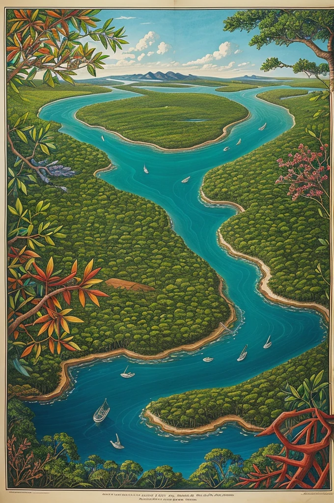 A colorful drawing of a varied ecosystem that includes forests, rivers, oceans and a prominent area for mangroves.