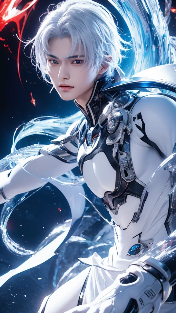 Enjoy a visual feast as you witness the astonishing transformation of handsome 20-year-old Saitama, a being of unparalleled strength and captivating aura. With brilliant short-cut blue and white hair and piercing red eyes, this energetic individual will surprise you.
