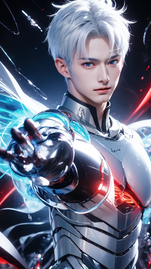 Enjoy a visual feast as you witness the astonishing transformation of handsome 20-year-old Saitama, a being of unparalleled strength and captivating aura. With brilliant short-cut blue and white hair and piercing red eyes, this energetic individual will surprise you. 