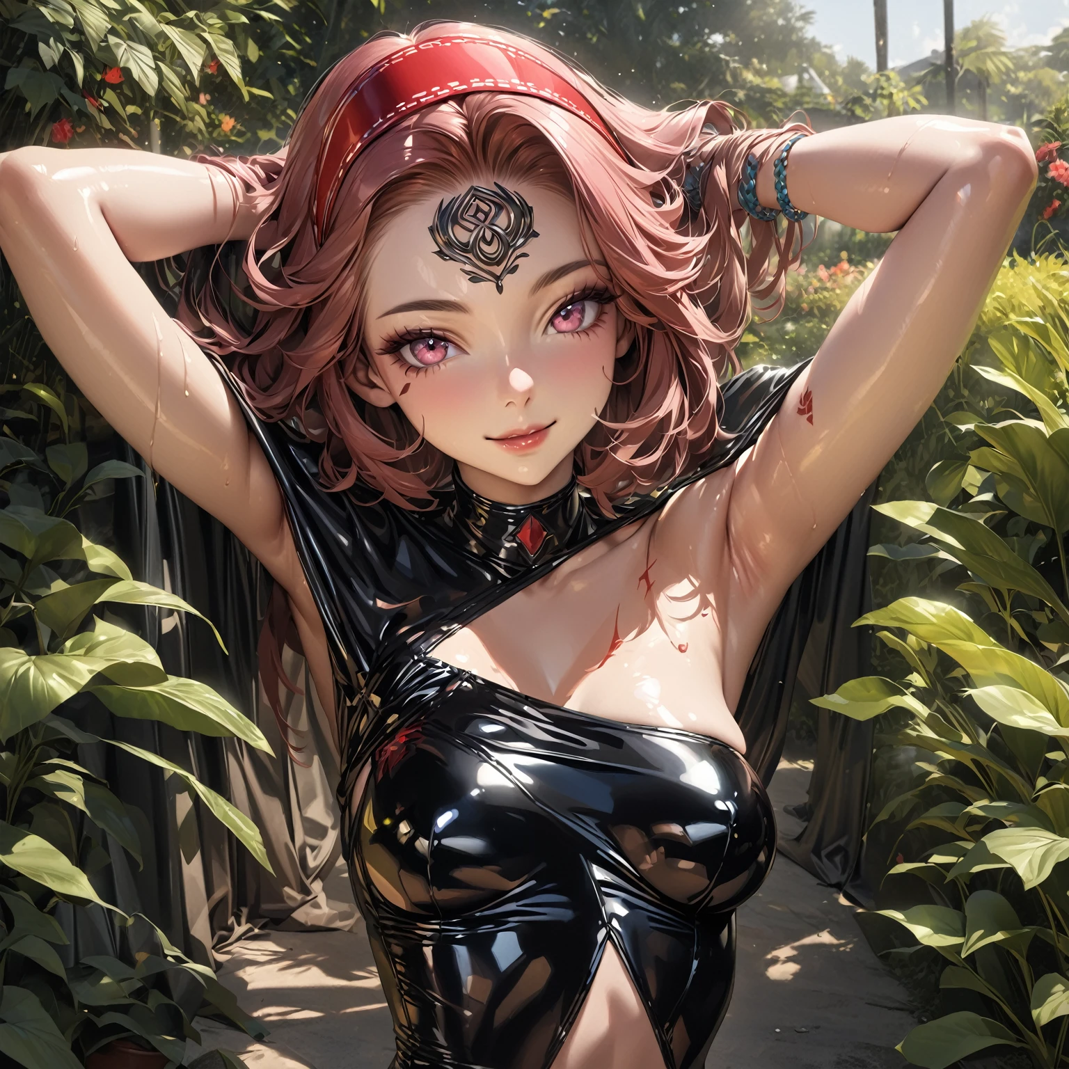 a masterpiece, best quality, 8k, hyper realistic, photo-realistic, sharp focus, absurdist, 1 girl, detailed face of Haruno Sakura, black latex, latex in all body, detailed mark on forehead, red hairband, bracelet, looking directly at viewer, hands behind head, beautiful smile, medium large breasts, standing in a garden, hands behind back, upper body only, shiny black latex, shiny skin