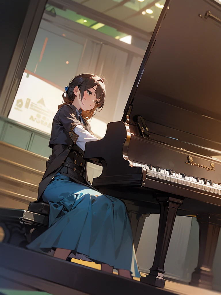 
1girl, sitting on a bench, playing the piano, front view, on a stage