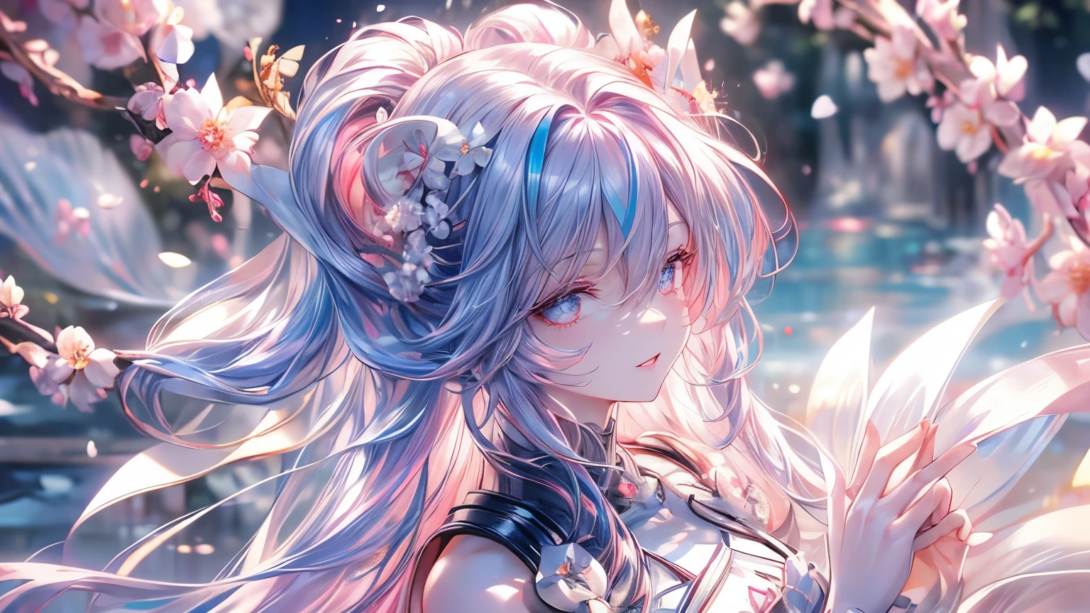 (overhead view), beautiful anime woman illustration, 1girl, (masterpiece, best quality, ultra-detailed), sharp focus, detailed face, extremely detailed eyes, face focus, long hair, criss-crossed bangs, hair over shoulder, purple hair, (teal streaked hair:1.3), pink gradient eyes, (magatama shaped pupils:1.5), long eyelashes, small smile, medium breasts, peach blossom hairpin, ((colors of clothing: white, red, gold, with purple accents)), ((looking back over shoulder, hands clasped behind back, mountain waterfall background, breeze, peace blossoms)), cinematic lighting, rim lightning, ray tracing, shadowing, dynamic angle