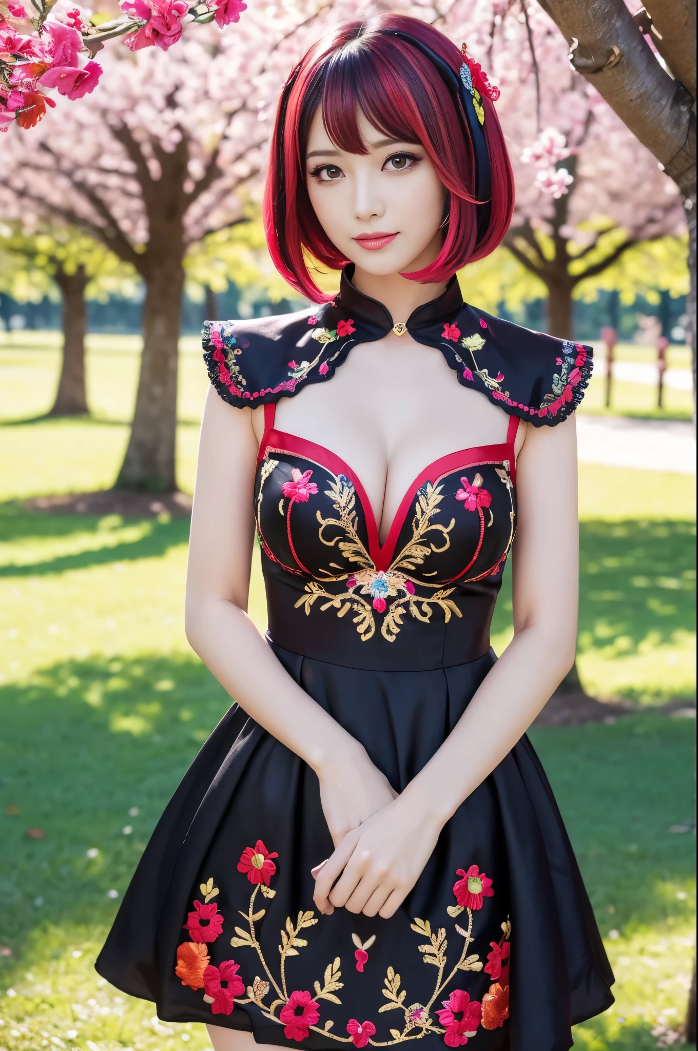 (masterpiece:1.4), (best quality:1.4), ultra high res, ultra high resolution, ((detailed facial features)), HDR, (realistic, photorealistic, photo-realistic:1.37), full body Esbian, sexy swedish model, (-anime), only 1 model, vivid colors, ((vivid colors multicolor very short hair)), beautiful smile, lip-gloss, long lashes, defined eyebrows, wearing large sparkling colorful jewelery, wearing a red silk Paradise Kiss cosplay dress with black floral embroidery, ((vivid colors outfit)), vivid colors, look at the camera, cinematic light, large park background with trees, sweet and sexy pose