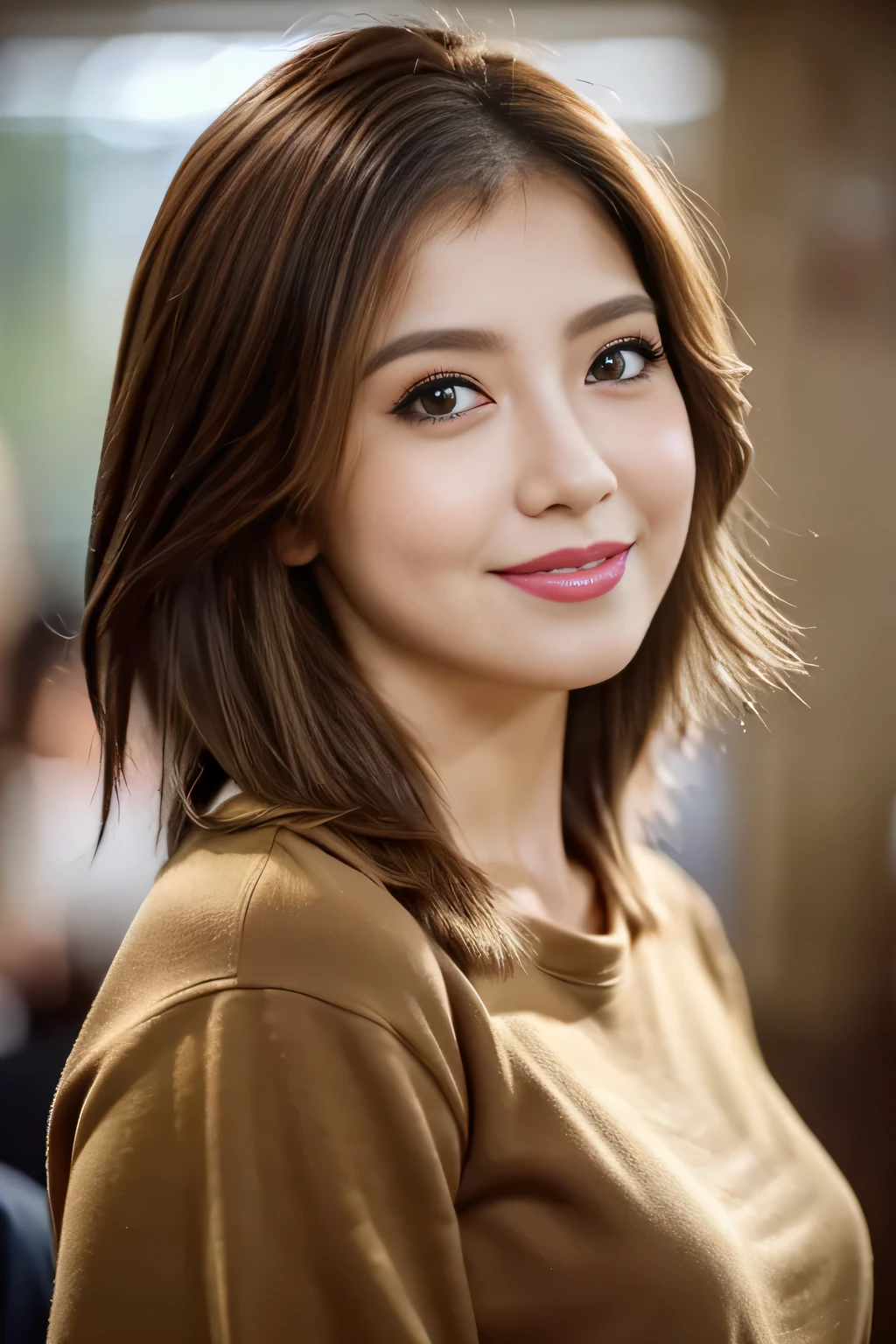 Highest quality, High resolution, realism, Original photo, 8k wallpaper, Perfect perfection, Professional Lighting, Very detailed, beautiful woman with depth of field, (A close-up photo focused on the face from the front:1.4)、(Facing the viewer、Watching the audience:1.4)、Big Laugh、30-year-old woman, Off-the-shoulder T-shirt、Thick lips, Exquisitely detailed face, Eyes for exquisite detail, Light brown short hair, Waving Hair, 
