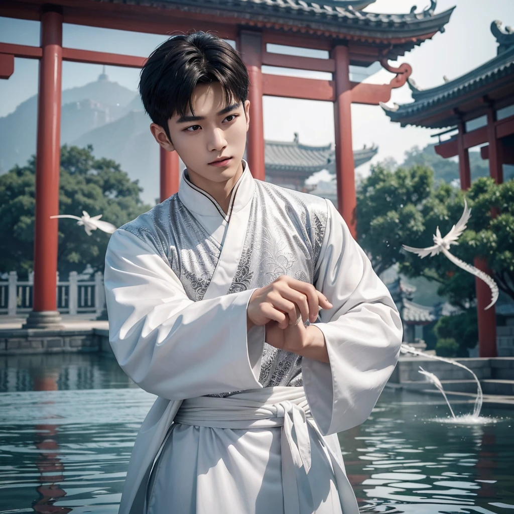 1 Handsome chinese slim guy, 20 years old, short hair, hair details, Asian, master work, best picture quality, higher quality, high detail, super high resolution, 8k resolution, perfect eyes, perfect skin, perfect hands, big muscles, tattoos, glowing eyes, short hair, hair details, detailed background , open Hanfu transparent tulle jacket, (white clothes with silver decoration), Chinese garden background, Chinese kung fu, dragon-themed costumes, monk robes, spinning floating particles, chinese temple in background, looking at viewer
