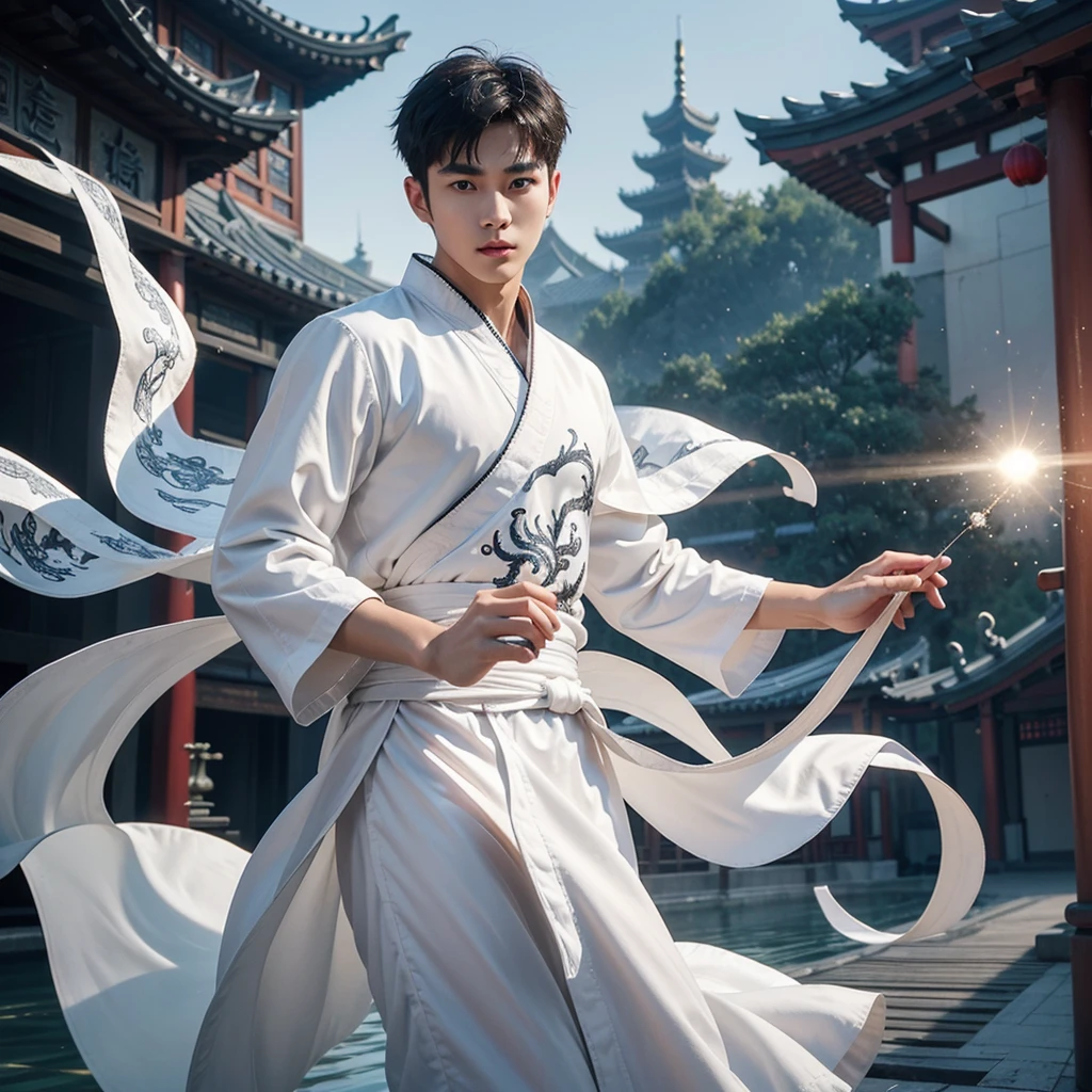 1 Handsome chinese slim guy, 20 years old, short hair, hair details, Asian, master work, best picture quality, higher quality, high detail, super high resolution, 8k resolution, perfect eyes, perfect skin, perfect hands, big muscles, tattoos, glowing eyes, short hair, hair details, detailed background , open Hanfu transparent tulle jacket, (white clothes with silver decoration), Chinese garden background, Chinese kung fu, dragon-themed costumes, monk robes, spinning floating particles, chinese temple in background, looking at viewer