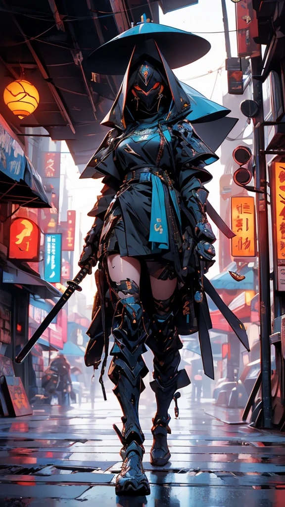 A nomadic robot, in the desert, walking street ,wearing a messy shawl, holding a staff, wearing a large metal hat, rough, rusty, dusty body, thin frame, tall, cyberpunk, Cyborg., Surreal version of a woman holding a sword in her hand, very beautiful cyberpunk samurai, anime cyberpunk art, cyberpunk samurai, cyberpunk anime art, cyberpunk anime, cgsociety 9, technical cyberpunk anime art number, maciej's style kuciara.1girl, 1boy,samurai armor, demon mask helmet, intricate decorations, details, cool colors, metallic, Egyptian details, extremely intricate details, sleek realistic lighting , trends in cgs society, glowing eyes, facing camera, neon details, surreal details, full body portraits, Japanese atmosphere, global illumination, shadows, octane rendering, 8k, super sharp. great lolita.fix body