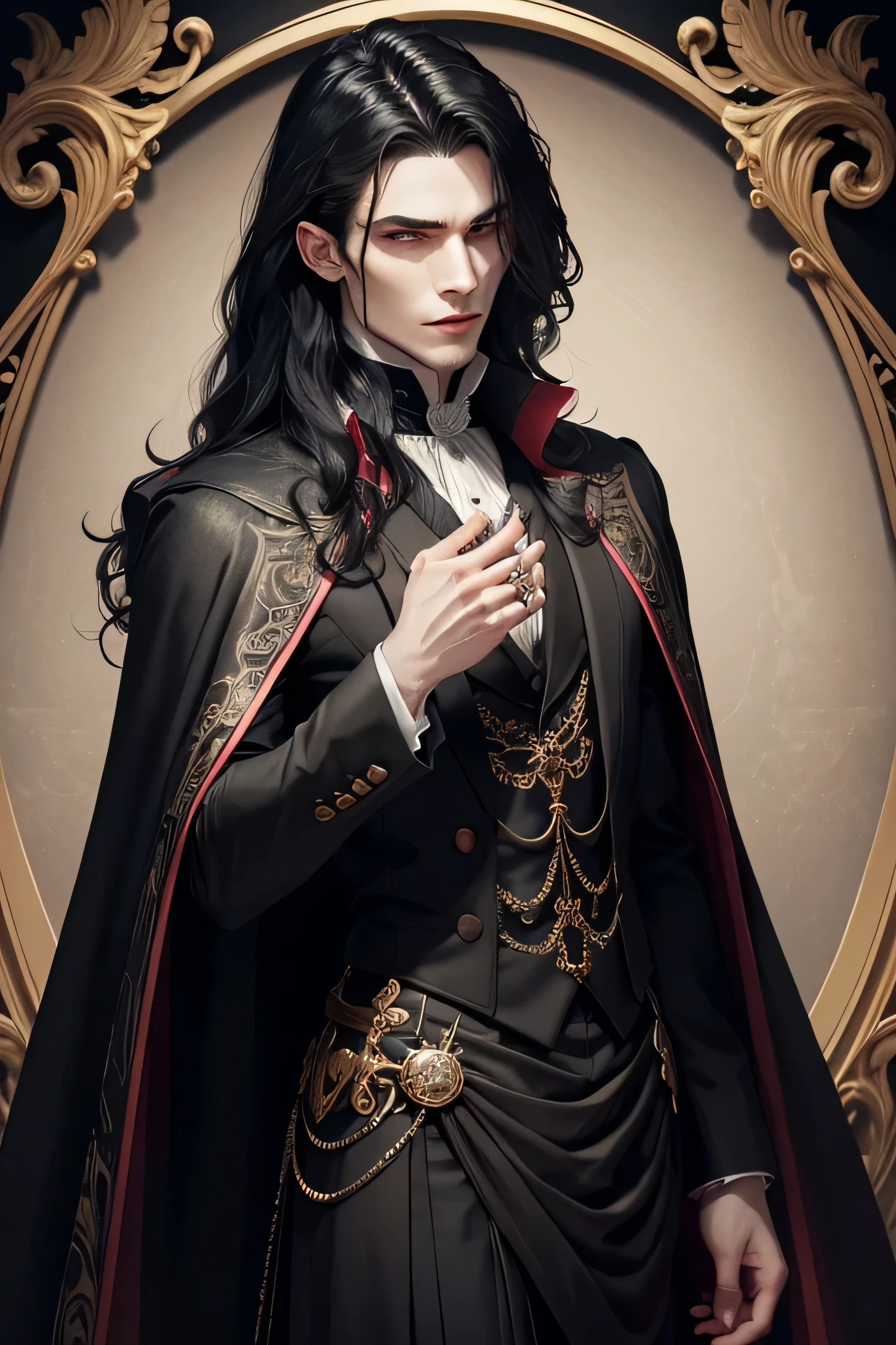 The vampire man has skin as pale as snow and bright green eyes like emeralds.. Your hair is black, silky and slightly wavy, falling to his shoulders. He wears a black velvet cape that flows elegantly and has a dark red lining.. Below the cover, wears formal attire with a brocade vest and high-collared shirt. Your hands are slender and pale, with long fingers and well-groomed nails. An antique ring with an intricately carved signet adorns her ring finger.
