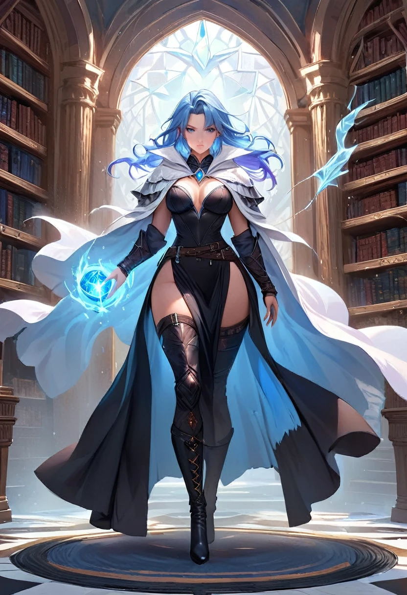 a masterwork picture of a sorceress casting a spell in magical library, exquisite beautiful woman, dynamic hair color, dynamic hair style, ((full body shot: 1.5)), ((anatomically correct: 1.5)), (ultra detailed face: 1.2), best detailed face, high details, best quality, 16k, (long black dress: 1.2), (white cloak: 1.3), high heeled boots (ultra details, Masterpiece, best quality) masterpiece, best quality, (extremely detailed), full body, ultra wide shot, (ultra details, Masterpiece, best quality), fantasy art, dnd art,fantasy art, realistic art, (ultra details, Masterpiece, best quality), (ultra details, Masterpiece, best quality), IceMagicAI, Hyperrealism style, rpg portrait photograph