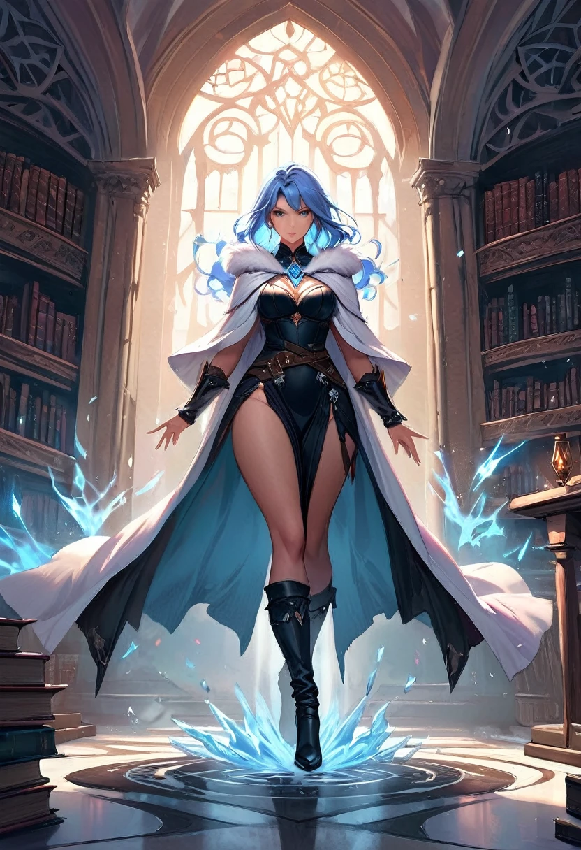 a masterwork picture of a sorceress casting a spell in magical library, exquisite beautiful woman, dynamic hair color, dynamic hair style, ((full body shot: 1.5)), ((anatomically correct: 1.5)), (ultra detailed face: 1.2), best detailed face, high details, best quality, 16k, (long black dress: 1.2), (white cloak: 1.3), high heeled boots (ultra details, Masterpiece, best quality) masterpiece, best quality, (extremely detailed), full body, ultra wide shot, (ultra details, Masterpiece, best quality), fantasy art, dnd art,fantasy art, realistic art, (ultra details, Masterpiece, best quality), (ultra details, Masterpiece, best quality), IceMagicAI, Hyperrealism style, rpg portrait photograph