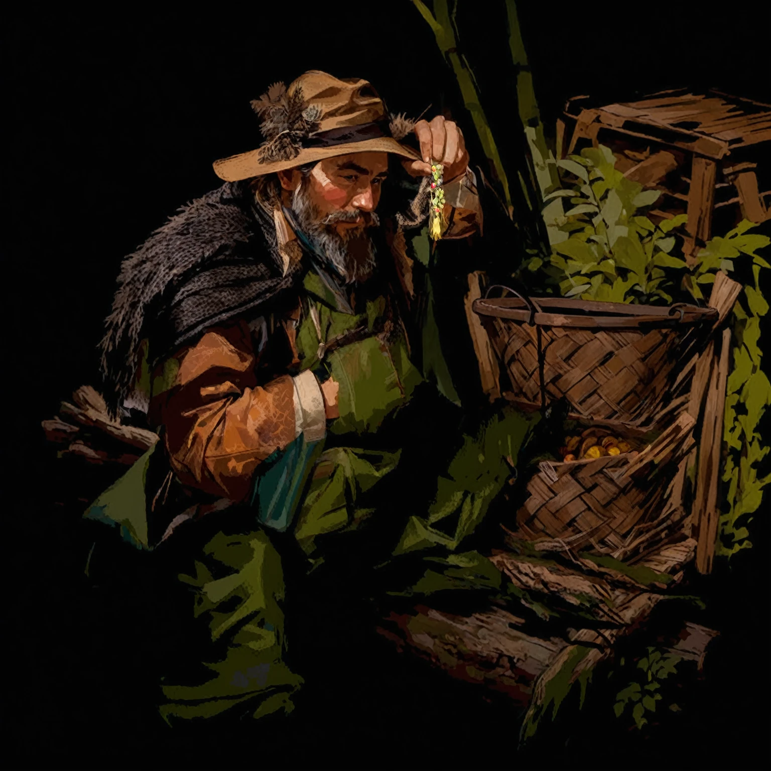 A broker in a hat sits on a log,Check out the crafts、A variety of products are lined up in baskets and boxes next to it., An illustration,Detailed details,Strong contrast