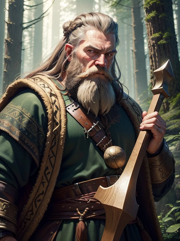 the best quality, very high resolution, Detailed CG in 4K, work of art, dwarf, Viking dwarf, ax, long beard, serious look, neve, tall trees, Smith, Norse mythology, Vikings, beautiful aesthetic, Beautiful picture, centered on screen