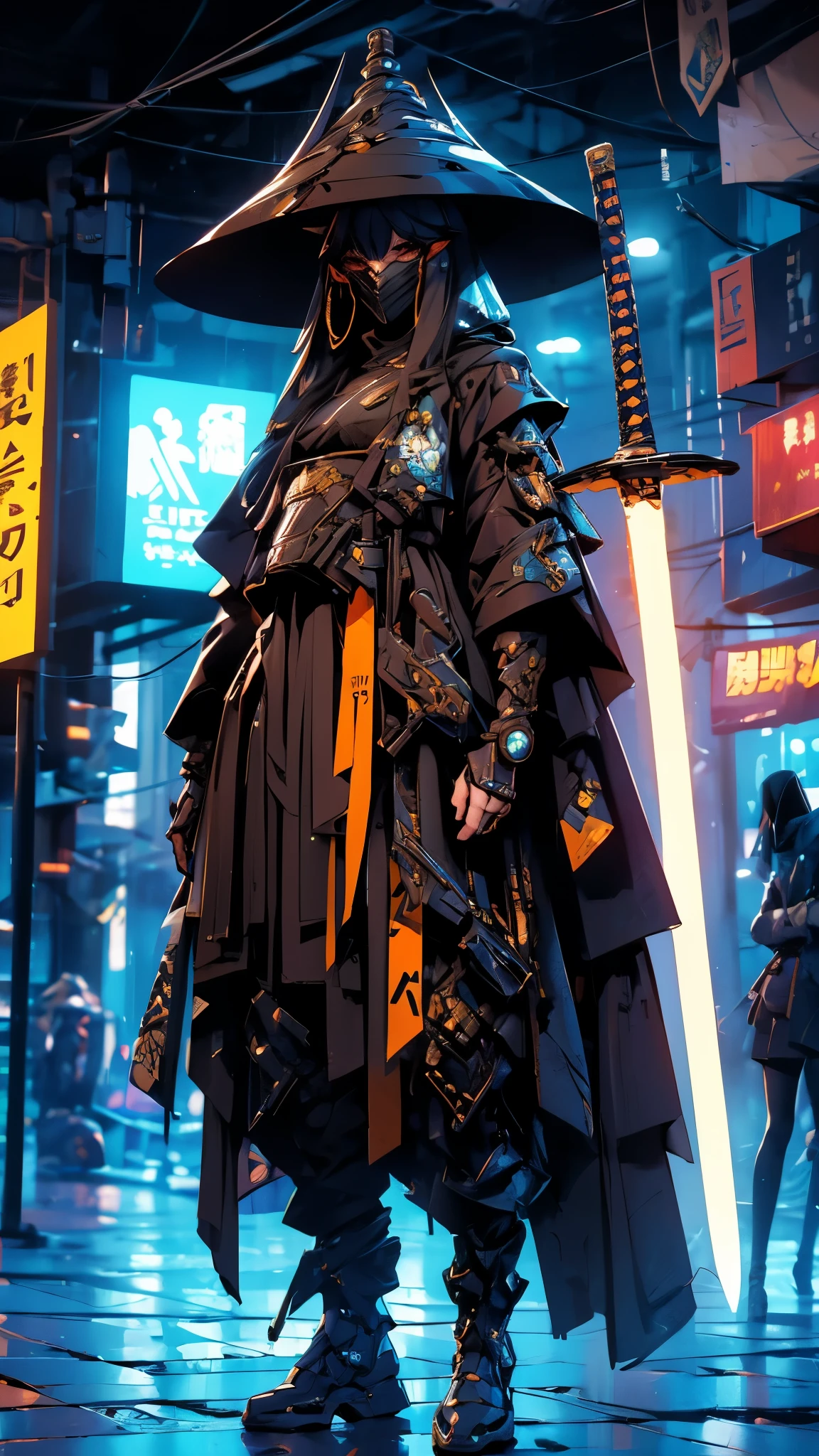 A nomadic robot, in the desert, walking street ,wearing a messy shawl, holding a staff, wearing a large metal hat, rough, rusty, dusty body, thin frame, tall, cyberpunk, Cyborg., Surreal version of a woman holding a sword in her hand, very beautiful cyberpunk samurai, anime cyberpunk art, cyberpunk samurai, cyberpunk anime art, cyberpunk anime, cgsociety 9, technical cyberpunk anime art number, maciej's style kuciara.1girl, samurai armor, demon mask helmet, intricate decorations, details, cool colors, metallic, Egyptian details, extremely intricate details, sleek realistic lighting , trends in cgs society, glowing eyes, facing camera, neon details, surreal details, full body portraits, Japanese atmosphere, global illumination, shadows, octane rendering, 8k, super sharp. great lolita.fix body