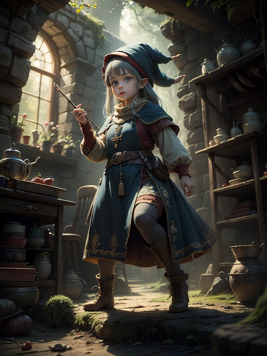 dwarf (Female One) (English: dwarf), (I live in a very cozy house in a cave in the forest.), Well-made medieval linen clothing, Red Hat,  blue colored eyes, all-body, Exotic fairy gnomes, , dynamic pose, bet、From the point of view, (ancient medieval clothes),  HDR, high resolution, 16:9 proportions, (Delicate eyes and expressions), 