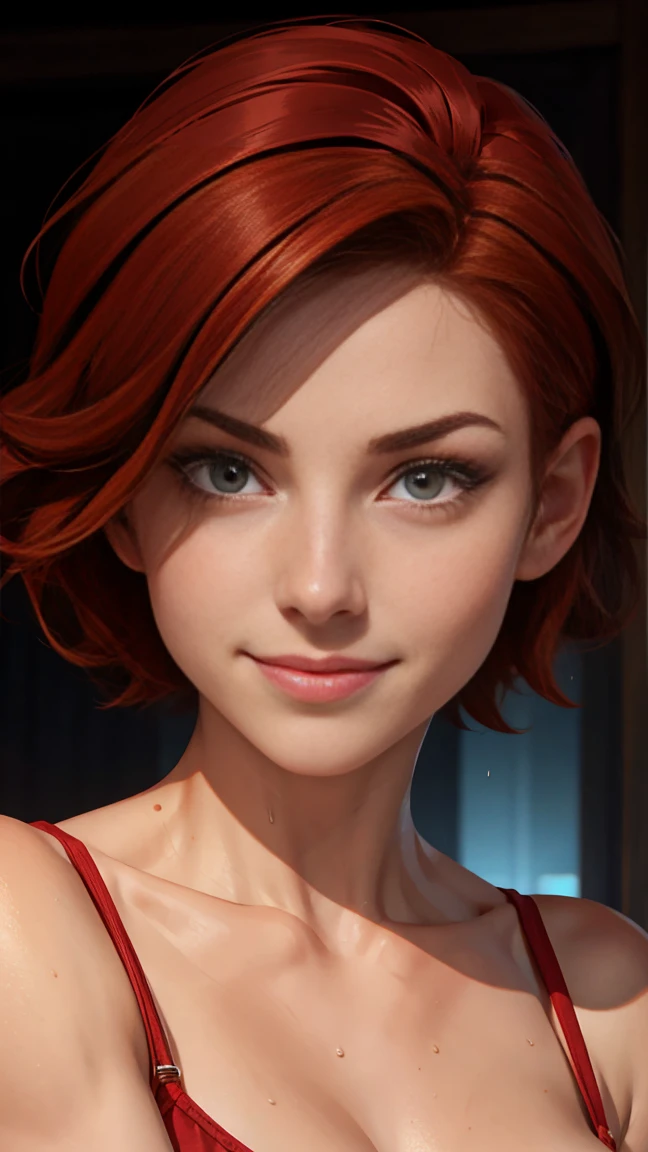 1woman, short red hair , eyes , sly face , pretentious smile , No sprain ,Tight breasts l'one against one'lain , ventre, breasts small, elongated legs , squat..., delicate and sexy (clavicle:1.3),natta, humida (sweaty, soggy), on top of the bed, No sprain, Unclothed, position on all fours, point of view