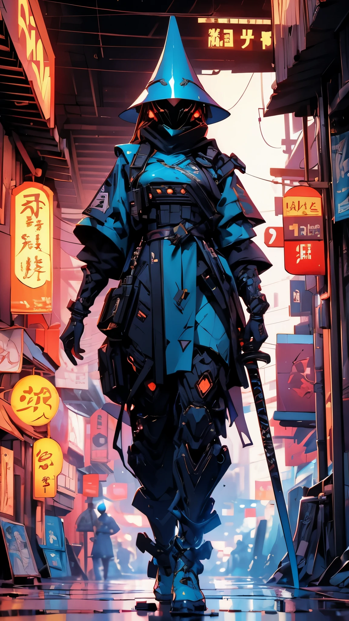 A nomadic robot, in the desert, walking street ,wearing a messy shawl, holding a staff, wearing a large metal hat, rough, rusty, dusty body, thin frame, tall, cyberpunk, Cyborg., Surreal version of a woman holding a sword in her hand, very beautiful cyberpunk samurai, anime cyberpunk art, cyberpunk samurai, cyberpunk anime art, cyberpunk anime, cgsociety 9, technical cyberpunk anime art number, maciej's style kuciara.1girl, 1boy,samurai armor, demon mask helmet, intricate decorations, details, cool colors, metallic, Egyptian details, extremely intricate details, sleek realistic lighting , trends in cgs society, glowing eyes, facing camera, neon details, surreal details, full body portraits, Japanese atmosphere, global illumination, shadows, octane rendering, 8k, super sharp. great lolita.fix body