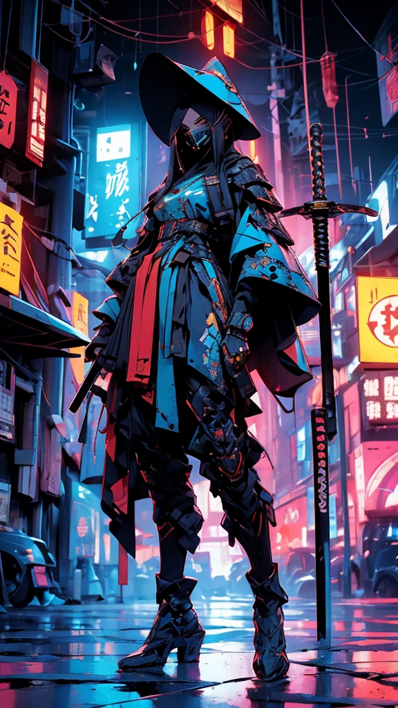 A nomadic robot, in the desert, walking street ,wearing a messy shawl, holding a staff, wearing a large metal hat, rough, rusty, dusty body, thin frame, tall, cyberpunk, Cyborg., Surreal version of a woman holding a sword in her hand, very beautiful cyberpunk samurai, anime cyberpunk art, cyberpunk samurai, cyberpunk anime art, cyberpunk anime, cgsociety 9, technical cyberpunk anime art number, maciej's style kuciara.1boy,samurai armor, demon mask helmet, intricate decorations, details, cool colors, metallic, Egyptian details, extremely intricate details, sleek realistic lighting , trends in cgs society, glowing eyes, facing camera, neon details, surreal details, full body portraits, Japanese atmosphere, global illumination, shadows, octane rendering, 8k, super sharp. great lolita.fix body