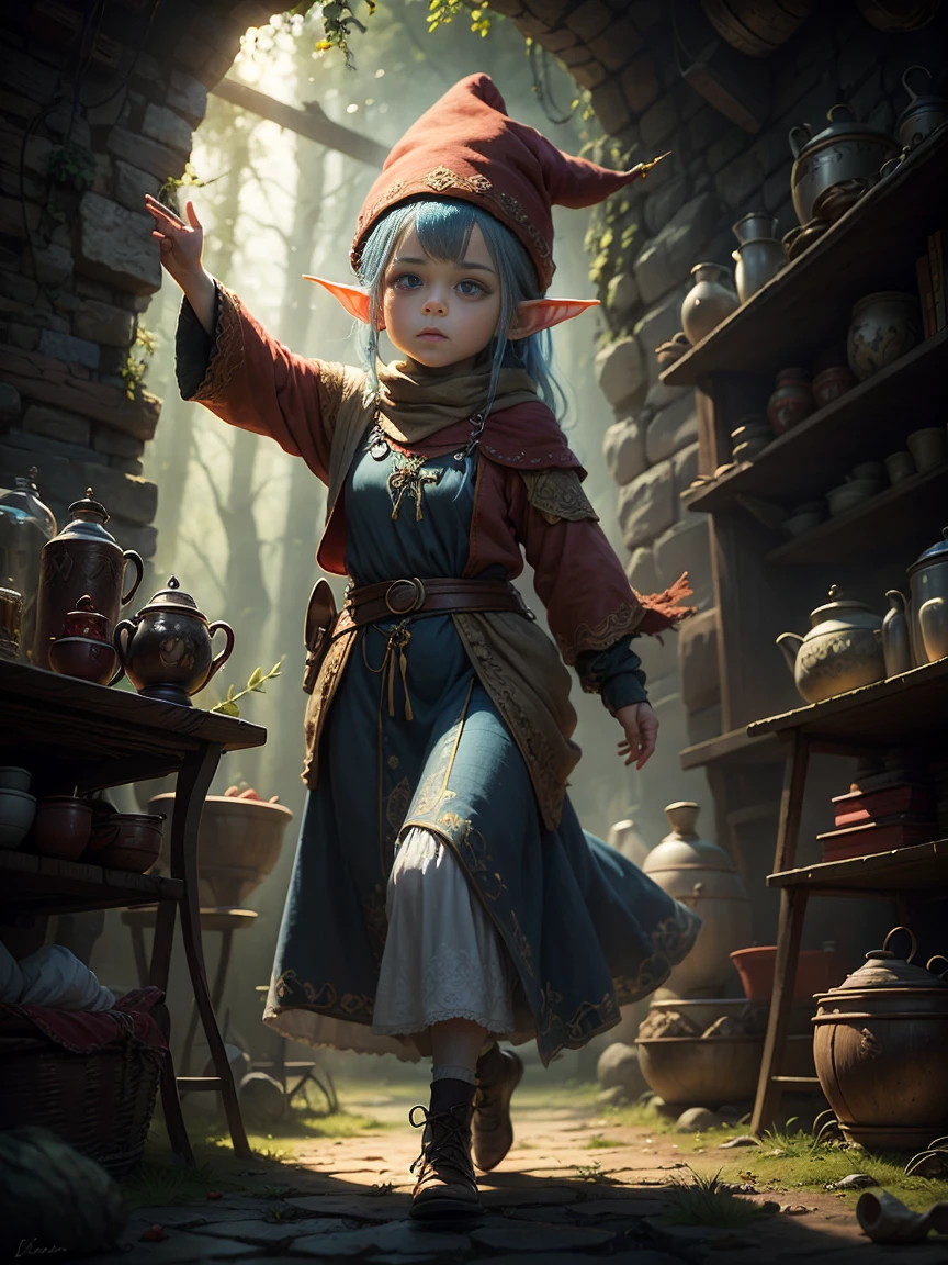 dwarf (Woman) (English: dwarf), (I live in a very cozy house in a cave in the forest.), Well-made medieval linen clothing, Red Hat, blue colored eyes, all-body, Exotic fairy gnomes, , dynamic pose, bet、From the point of view, (ancient medieval clothes), HDR, high resolution, 16:9 proportions, (Delicate eyes and expressions),
