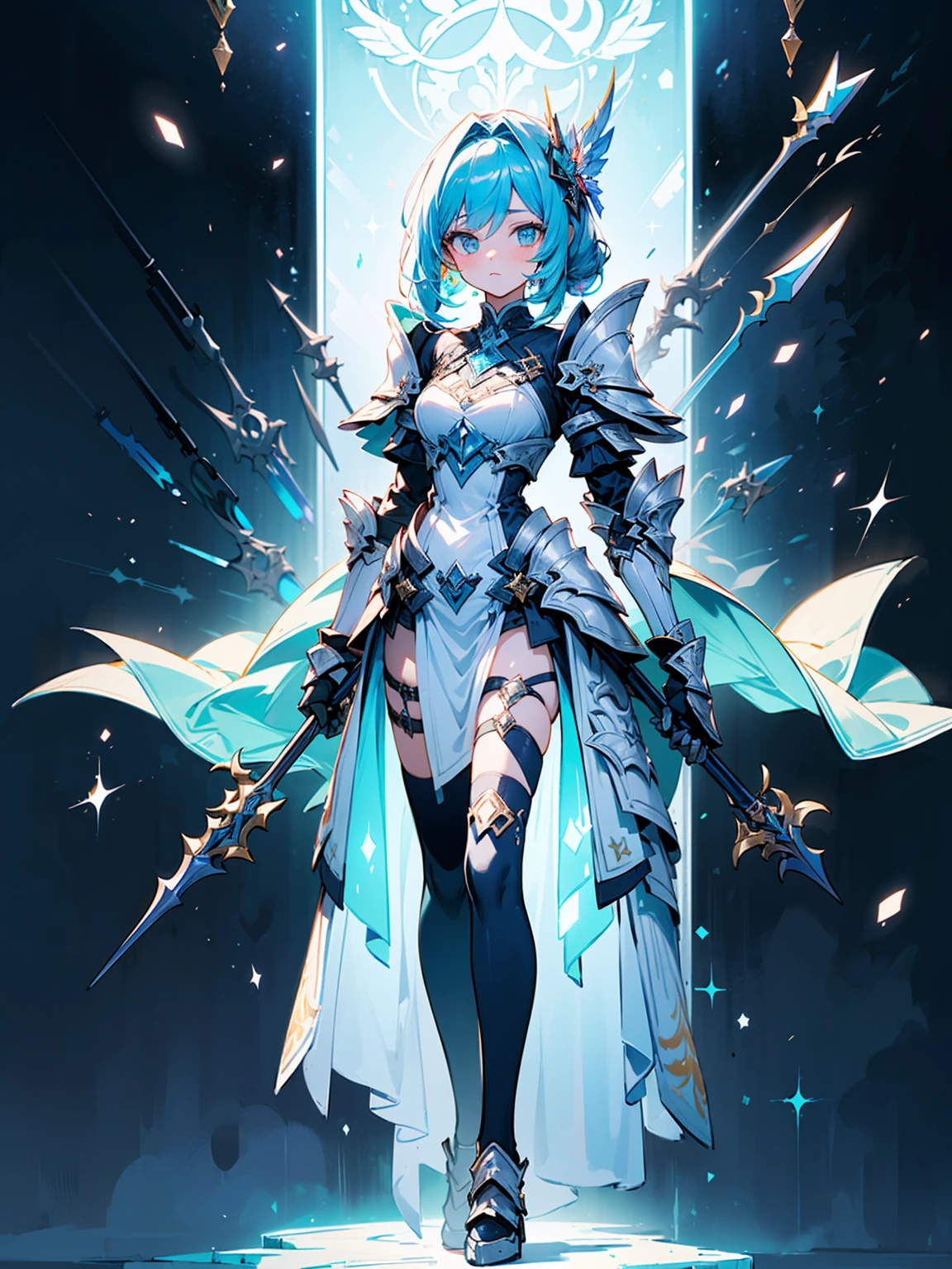 (((masterpiece, best quality, high detailed, 8k))) Design a layout showcase Gaming character, (1girl). Gold+White clothes, stylish and unique. ((showcase weapon:1.4)), celestial bow. (masterpiece:1.2), (best quality), 4k, ultra-detailed. (Step by step design, layout art:1.5), (luminous lighting, atmospheric lighting). celestial archer, ((glove full hands)), (((revealing clothes:1.3))), vambraces, armored legwear, (((full_body_shot:1.4))). {In a starry sky}.