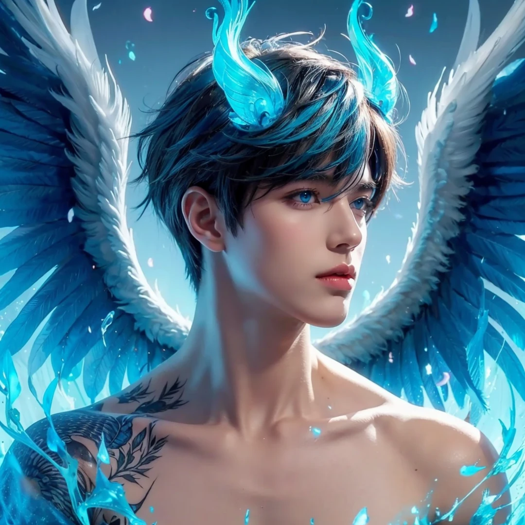 Handsome boy, blue hair, shining blue eyes, blue wings