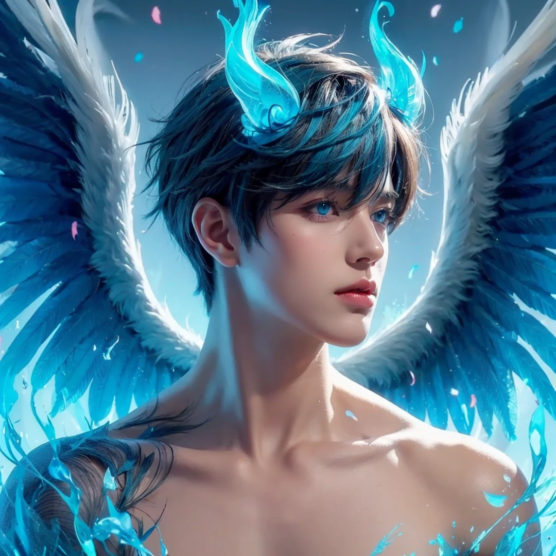 Handsome boy, blue hair, shining blue eyes, blue wings