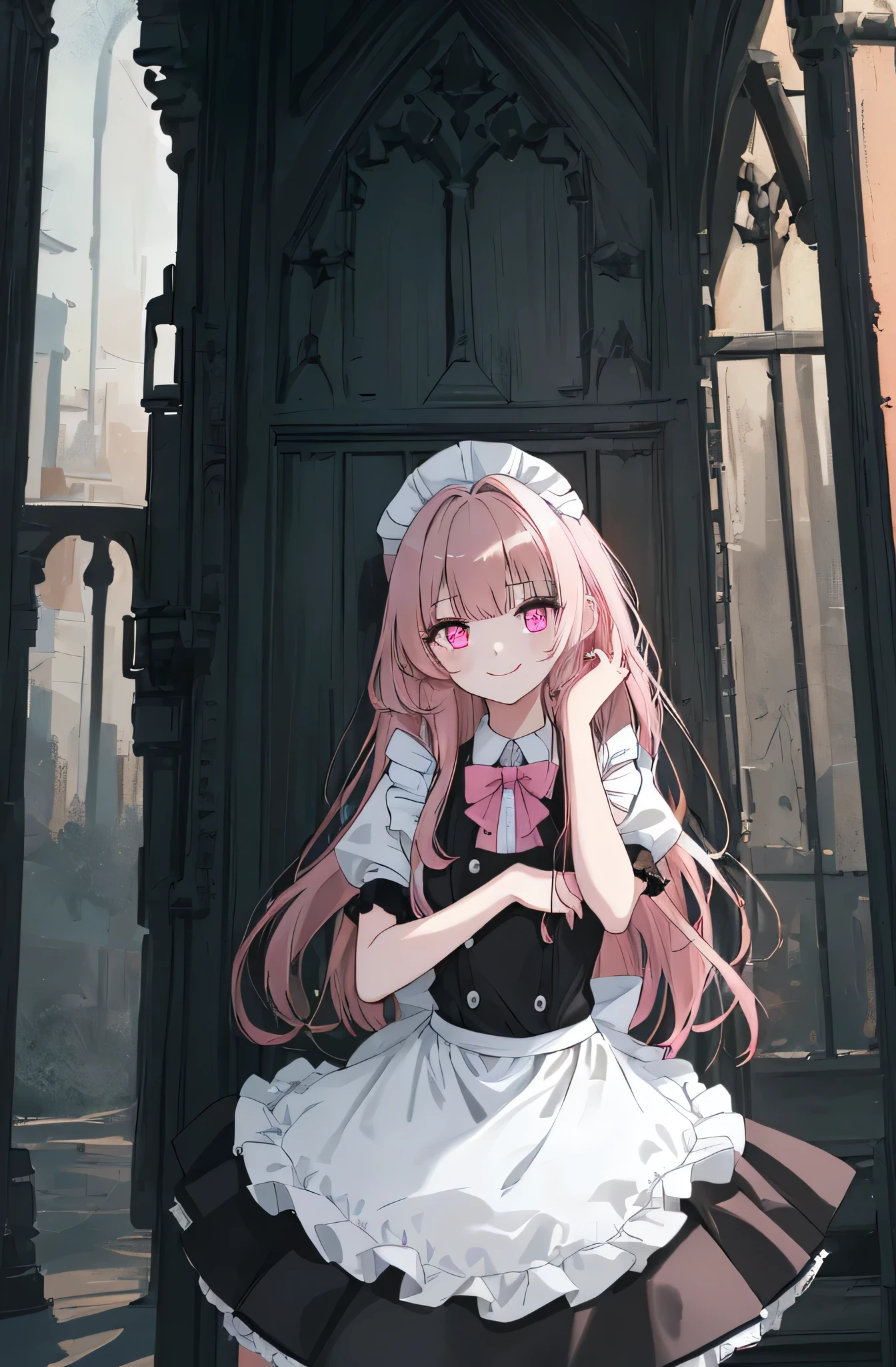 [(ruin place background:1.4)::5],original,(illustration:1.1),(best quality),(masterpiece:1.1),(extremely detailed CG unity 8k wallpaper:1.1), (colorful:0.9),(mid shot:0.95),(highly detailed beautiful face and eyes),(solo:1.2), (girl),(((adult))), (detailed beautiful eyes:1.15), (beautiful face:1.15), (glowing pink eyes:1.25////),(brown long hair),(blunt bangs),(+perfect hand+:1.21),(Draw an illustration of maid girl),(Religious),(slender),(wearing maid clothes),white skin,(white and black maid clothes),laugh,smile,((((adult)))),