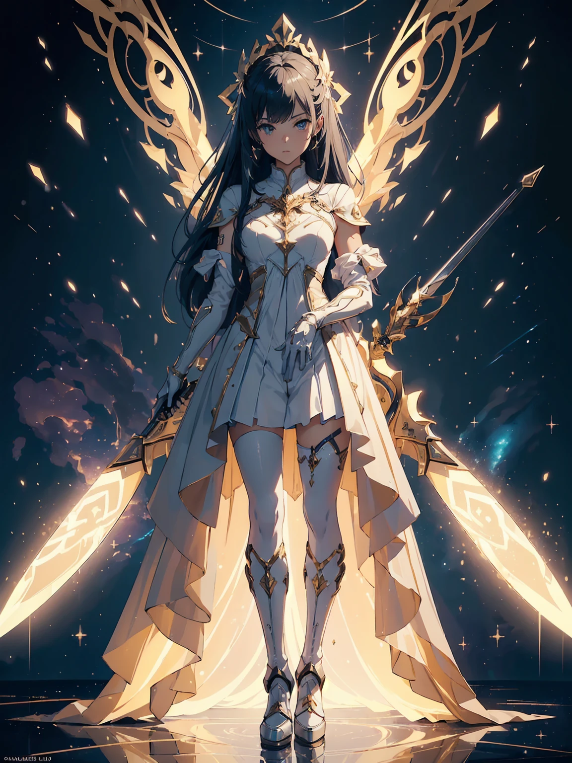 (((masterpiece, best quality, high detailed, 8k))) Design a layout showcase Gaming character, (1girl). Gold+White clothes, stylish and unique. ((showcase weapon:1.4)), celestial bow. (masterpiece:1.2), (best quality), 4k, ultra-detailed. (Step by step design, layout art:1.5), (luminous lighting, atmospheric lighting). celestial archer, ((glove full hands)), (((revealing clothes:1.3))), vambraces, armored legwear, (((full_body_shot:1.4))). {In a starry sky}.