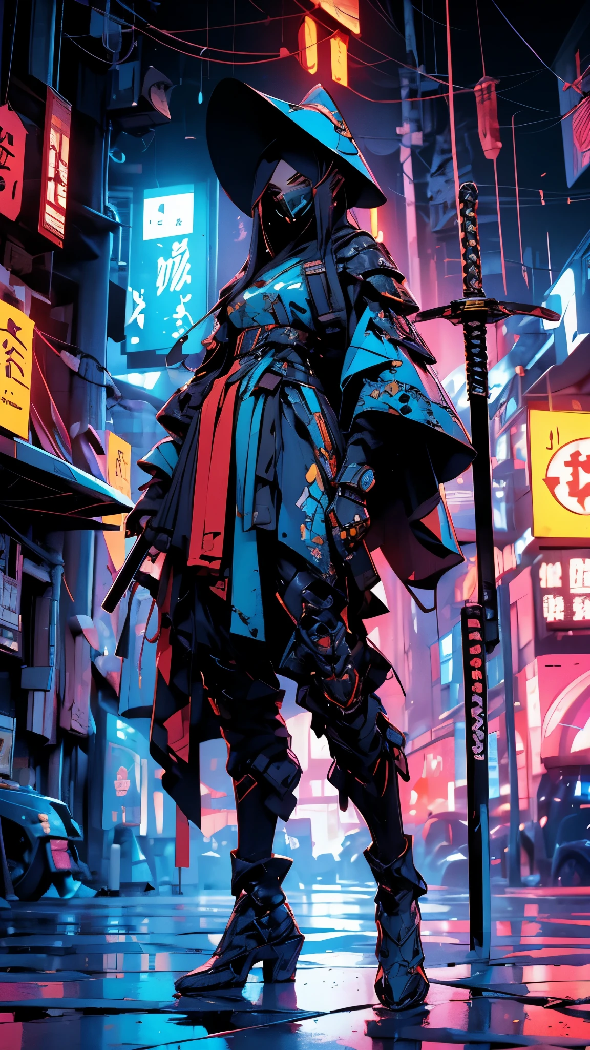 A nomadic robot, in the desert, walking street ,wearing a messy shawl, holding a staff, wearing a large metal hat, rough, rusty, dusty body, thin frame, tall, cyberpunk, Cyborg., Surreal version of a woman holding a sword in her hand, very beautiful cyberpunk samurai, anime cyberpunk art, cyberpunk samurai, cyberpunk anime art, cyberpunk anime, cgsociety 9, technical cyberpunk anime art number, maciej's style kuciara.1boy,samurai armor, demon mask helmet, intricate decorations, details, cool colors, metallic, Egyptian details, extremely intricate details, sleek realistic lighting , trends in cgs society, glowing eyes, facing camera, neon details, surreal details, full body portraits, Japanese atmosphere, global illumination, shadows, octane rendering, 8k, super sharp. great lolita.fix body