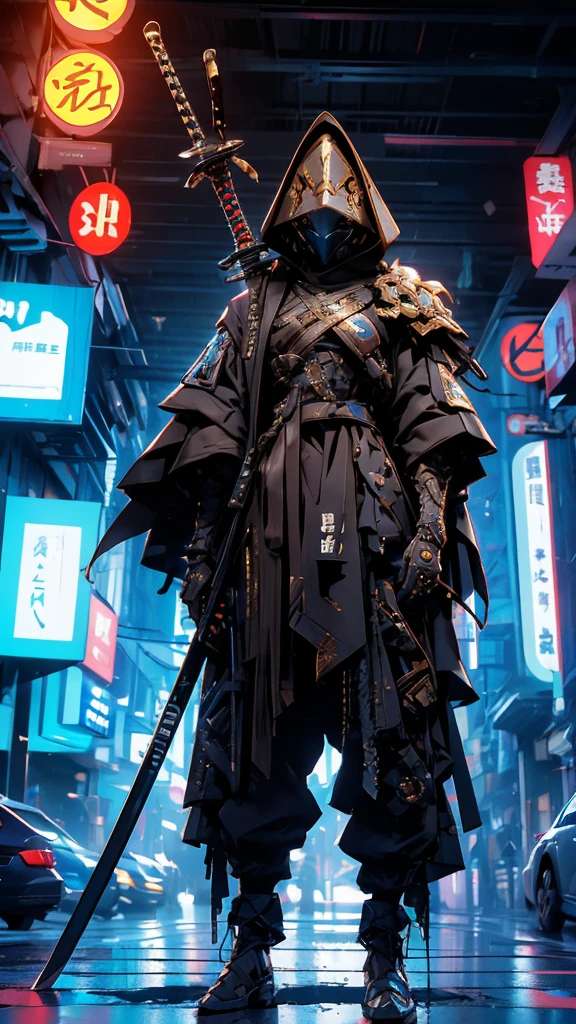 Man A nomadic robot, in the desert, walking street ,wearing a messy shawl, holding a staff, wearing a large metal hat, rough, rusty, dusty body, thin frame, tall, cyberpunk, Cyborg., Surreal version of a woman holding a sword in her hand, very beautiful cyberpunk samurai, anime cyberpunk art, cyberpunk samurai, cyberpunk anime art, cyberpunk anime, cgsociety 9, technical cyberpunk anime art number, maciej's style kuciara.1boy,samurai armor, demon mask helmet, intricate decorations, details, cool colors, metallic, Egyptian details, extremely intricate details, sleek realistic lighting , trends in cgs society, glowing eyes, facing camera, neon details, surreal details, full body portraits, Japanese atmosphere, global illumination, shadows, octane rendering, 8k, super sharp. great lolita.fix body
