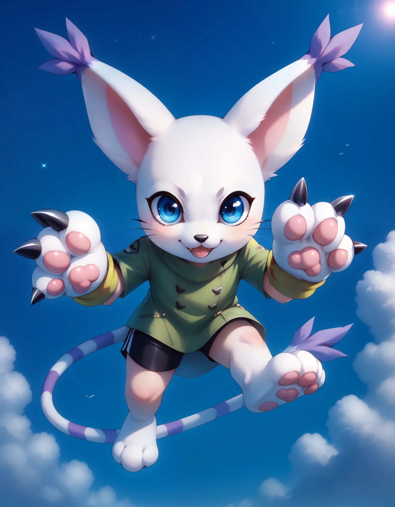 score_9, score_8_up, score_7_up, gatomon, feral, (digimon), solo, looking at viewer, blue eyes, white fur, striped tail, gloves, paw gloves, pawpads,,