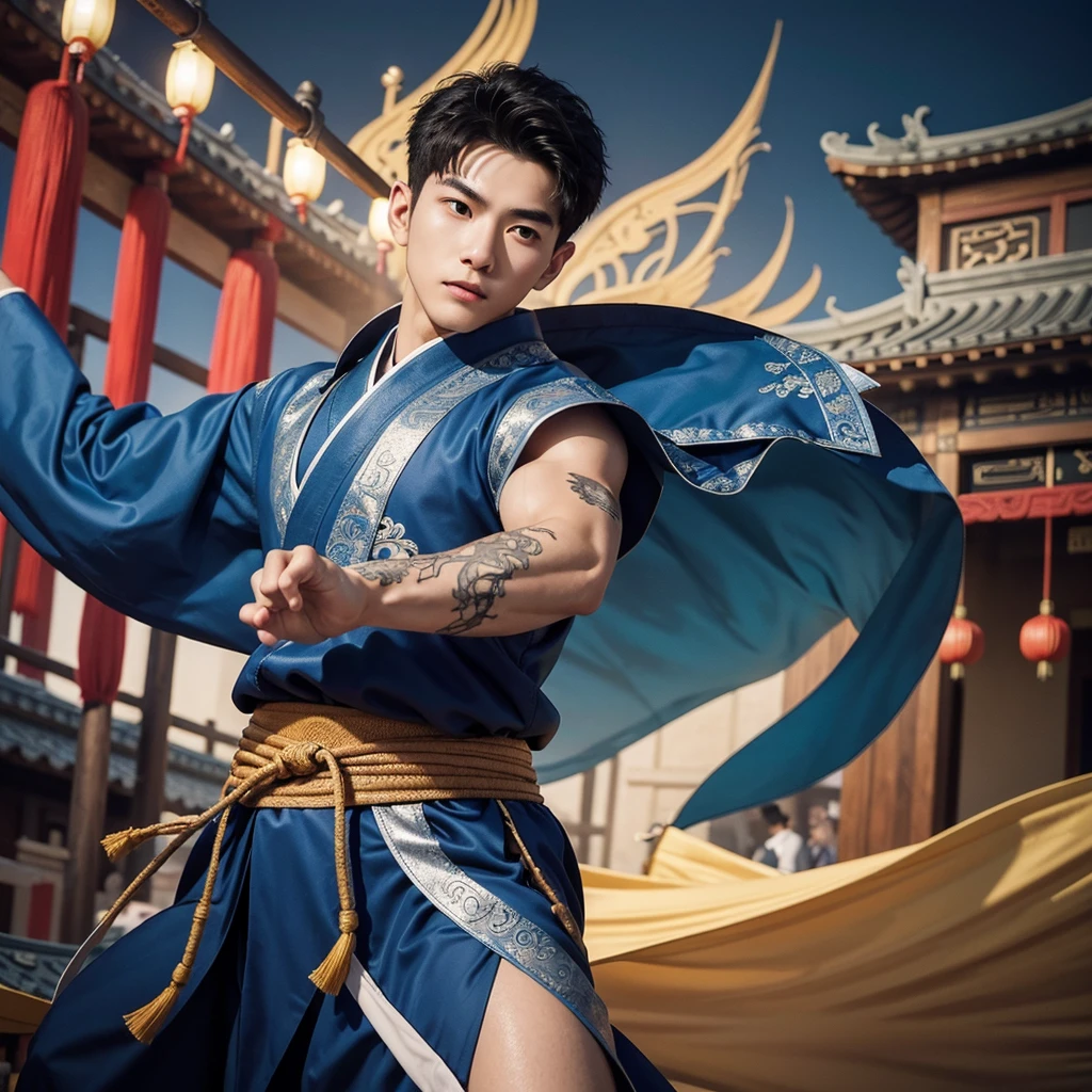 1 Handsome chinese slim guy, 20 years old, Asian, master work, best picture quality, higher quality, high detail, super high resolution, 8k resolution, perfect eyes, perfect skin, perfect hands, big muscles, tattoos, glowing eyes, short hair, hair details, detailed background , open Hanfu transparent tulle jacket, (blue clothes with silver decoration), Chinese garden background, Chinese kung fu, dragon-themed costumes, monk robes, spinning floating particles, chinese temple in background, looking at viewer