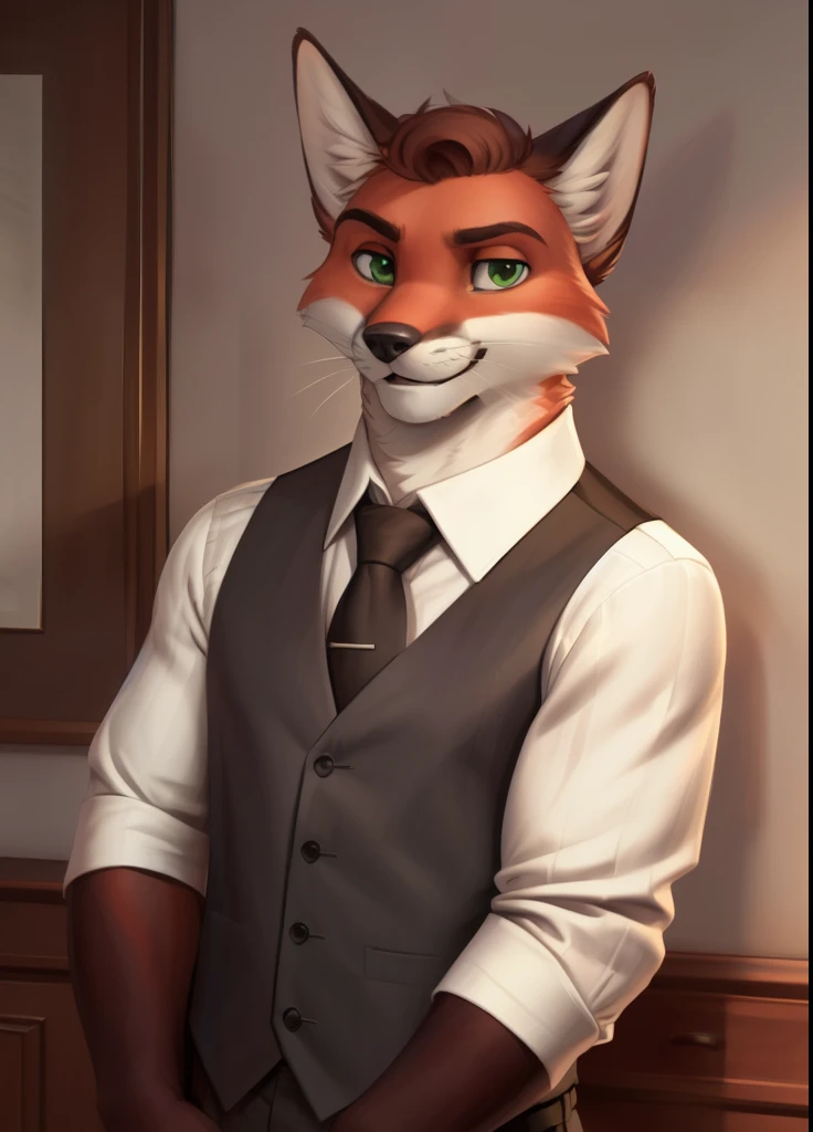 murdoch, green eyes, mature male, fox tail, (pose:1.3), (posing:1.3), (soft shading), 4k, hi res, ((detailed face, (detailed eyes:1.0), detailed)), (full body), by zackarry911, by zaush, (by personalami:0.5), looking at viewer, smile, shirt, 1boy, holding, closed mouth, standing, white shirt, male focus, necktie, striped, collared shirt, pants, artist name, indoors, vest, fox ears, watermark, formal, cat, black necktie, sleeves rolled up, pocket, hand in pocket, camera, pinstripe pattern, grey vest, striped pants