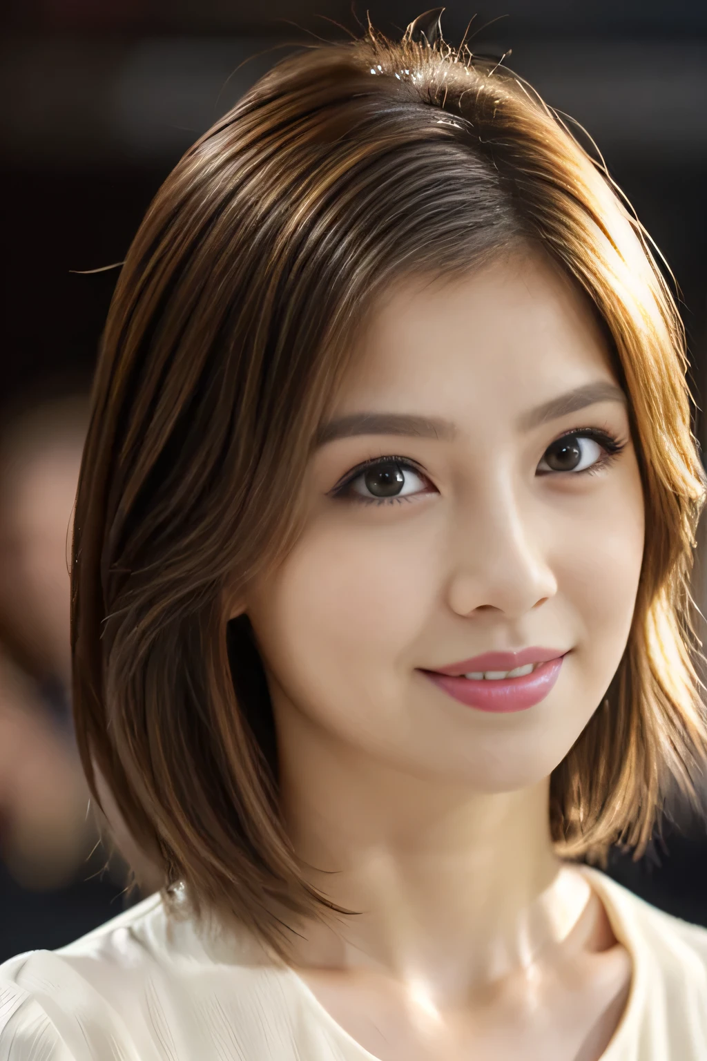 Highest quality, High resolution, realism, Original photo, 8k wallpaper, Perfect perfection, Professional Lighting, Very detailed, beautiful woman with depth of field, (A close-up photo focused on the face from the front:1.4)、(Facing the viewer、Watching the audience:1.4)、Big Laugh、30-year-old woman、Silk blouse、Thick lips, Exquisitely detailed face, Eyes for exquisite detail, Light brown short hair, Waving Hair, 