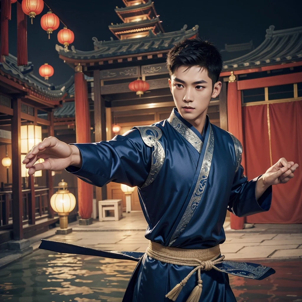 1 Handsome chinese slim guy, 20 years old, Asian, master work, best picture quality, higher quality, high detail, super high resolution, 8k resolution, perfect eyes, perfect skin, perfect hands, big muscles, tattoos, glowing eyes, short hair, hair details, detailed background , open Hanfu transparent tulle jacket, (blue clothes with silver decoration), Chinese garden background, Chinese kung fu, dragon-themed costumes, monk robes, spinning floating particles, chinese temple in background, looking at viewer