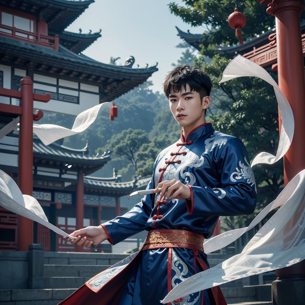 1 Handsome chinese slim guy, 20 years old, Asian, master work, best picture quality, higher quality, high detail, super high resolution, 8k resolution, perfect eyes, perfect skin, perfect hands, big muscles, tattoos, glowing eyes, short hair, hair details, detailed background , open Hanfu transparent tulle jacket, (blue clothes with silver decoration), Chinese garden background, Chinese kung fu, dragon-themed costumes, monk robes, spinning floating particles, chinese temple in background, looking at viewer