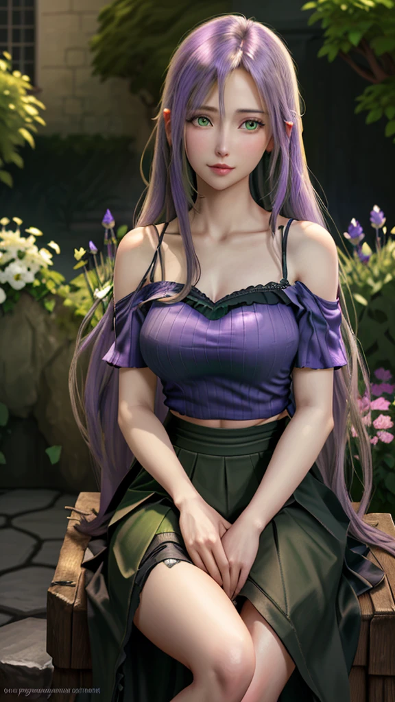 A beautiful woman with long straight lavender hair wearing an off-the-shoulder shirt and skirt with green eyes sitting in a garden