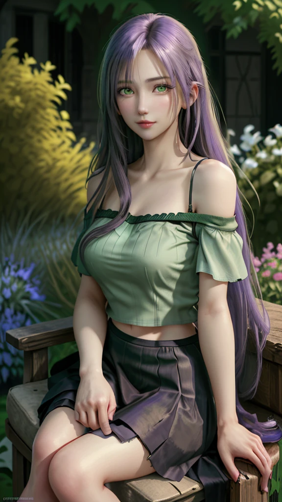 A beautiful woman with long straight lavender hair wearing an off-the-shoulder shirt and skirt with green eyes sitting in a garden