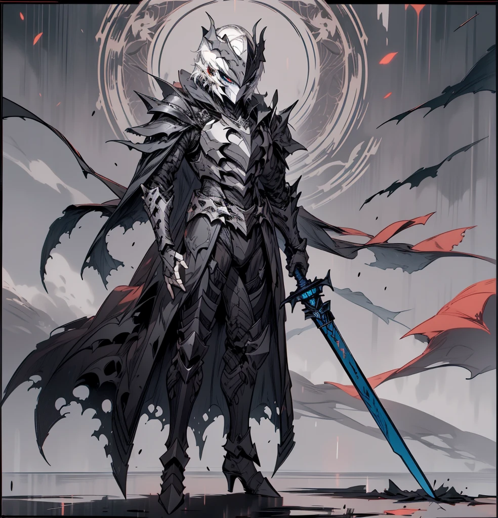 1boy ,pale skin ,hero, legendary, beautiful clothes, legendary weapon, (masterpiece, best quality), dark knight, cursed sword,full face helmet