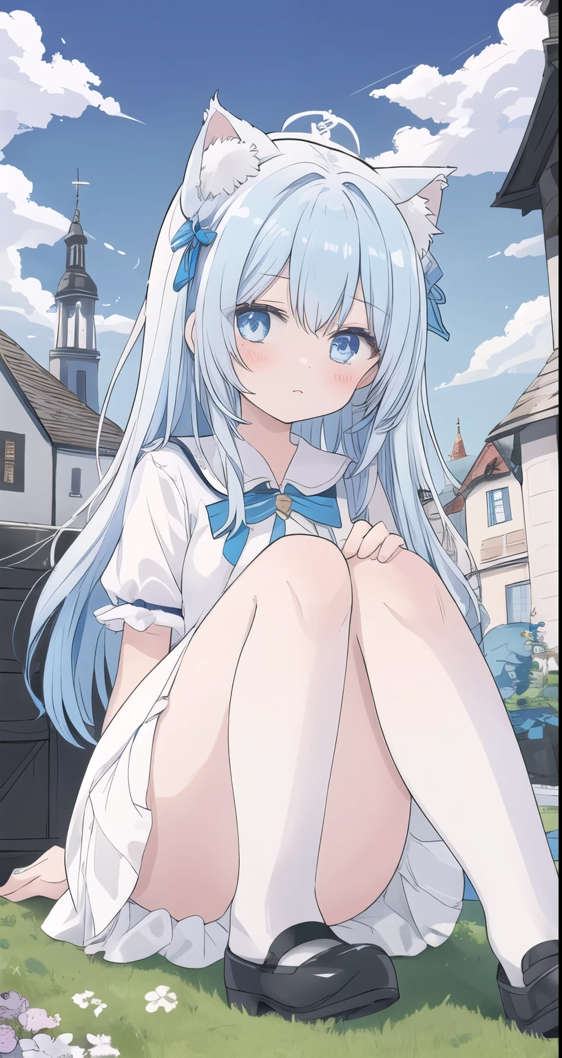 masterpiece, best quality,tower,town,Europe,A girl,Blue Hair,Long hair,sit,blue eyes,White连衣裙,White长袜,roof,Cat ear,Lace,White