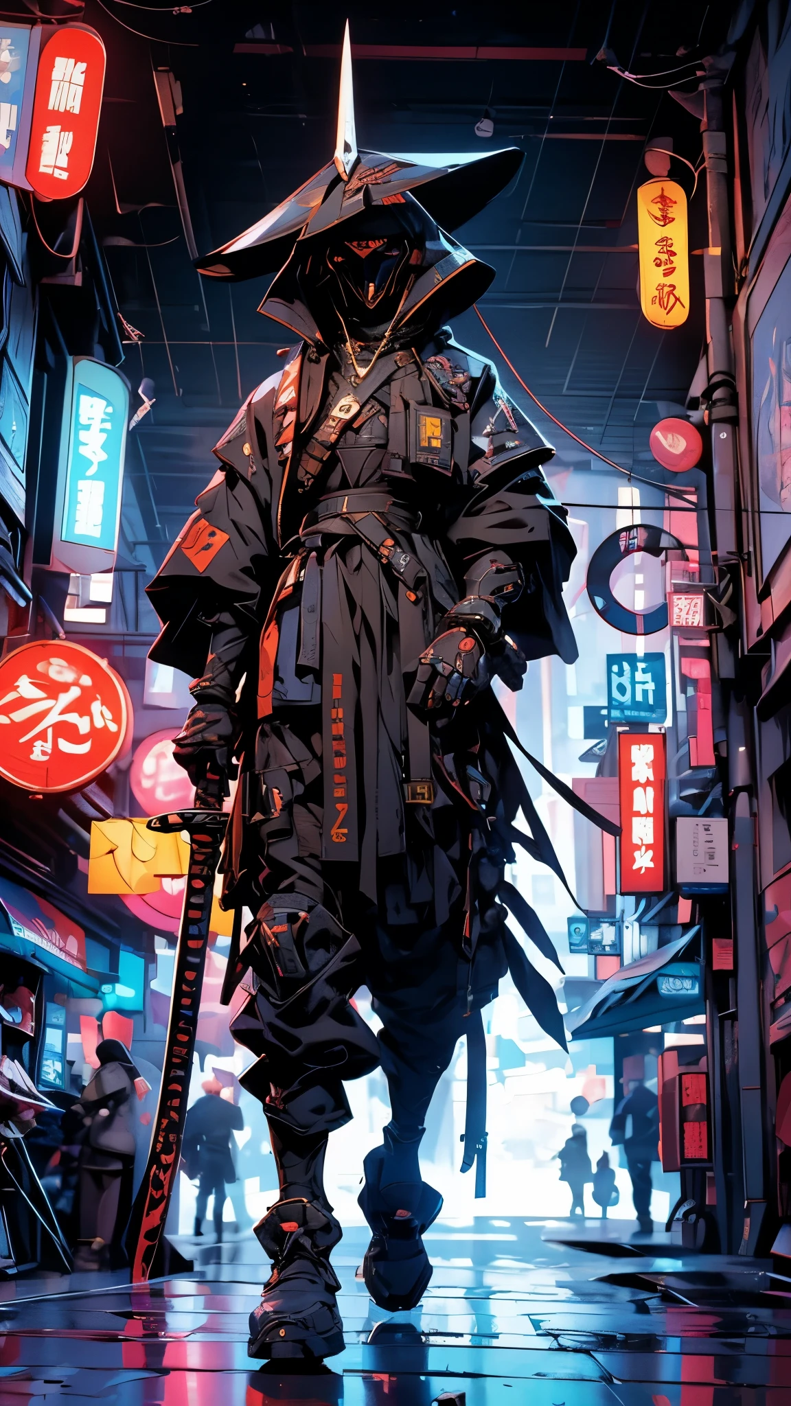 A Man walk .nomadic robot, in the desert, walking street ,wearing a messy shawl, holding a staff, wearing a large metal hat, rough, rusty, dusty body, thin frame, tall, cyberpunk, Cyborg., Surreal version of a woman holding a sword in her hand, very beautiful cyberpunk samurai, anime cyberpunk art, cyberpunk samurai, cyberpunk anime art, cyberpunk anime, cgsociety 9, technical cyberpunk anime art number, maciej's style kuciara.1boy,samurai armor, demon mask helmet, intricate decorations, details, cool colors, metallic, Egyptian details, extremely intricate details, sleek realistic lighting , trends in cgs society, glowing eyes, facing camera, neon details, surreal details, full body portraits, Japanese atmosphere, global illumination, shadows, octane rendering, 8k, super sharp. great ta.fix body