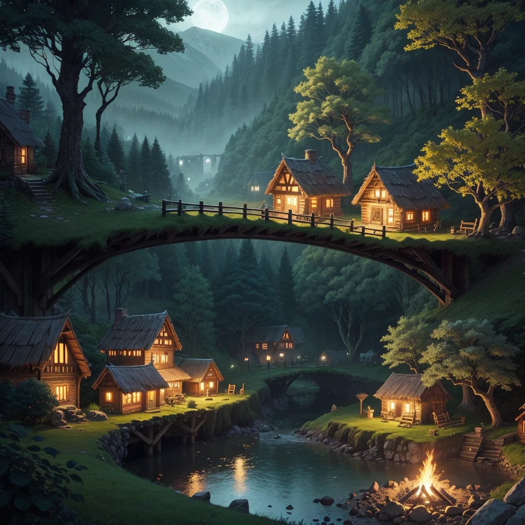 druid village in the middle of the forest at night with a bonfire in the middle of the village lit, houses made of natural materials and bridges connecting houses in trees