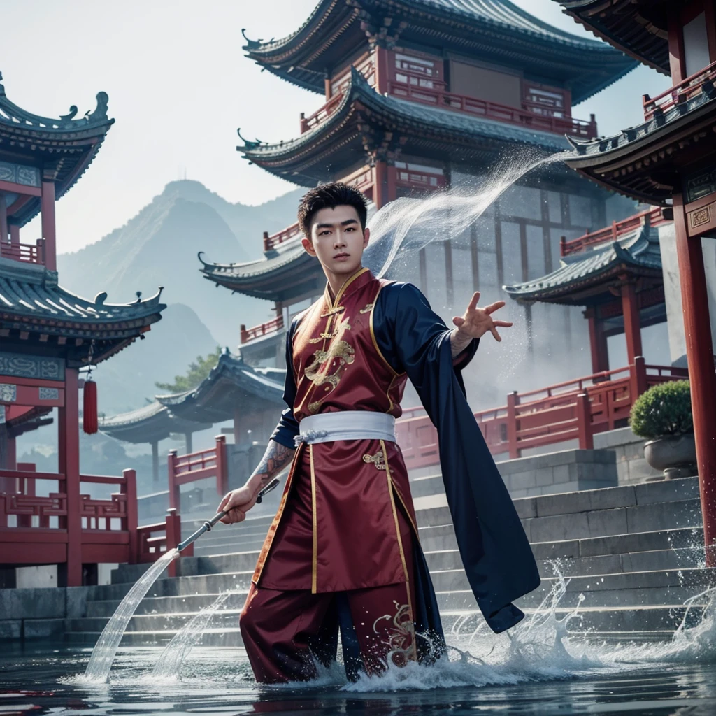 1 Handsome chinese slim guy, 20 years old, Asian, master work, best picture quality, higher quality, high detail, super high resolution, 8k resolution, perfect eyes, perfect skin, perfect hands, big muscles, tattoos, glowing eyes, short hair, hair details, detailed background , open Hanfu transparent tulle jacket, (blue clothes with silver decoration), Chinese garden background, Chinese kung fu, dragon-themed costumes, monk robes, spinning floating particles, chinese temple in background, looking at viewer
